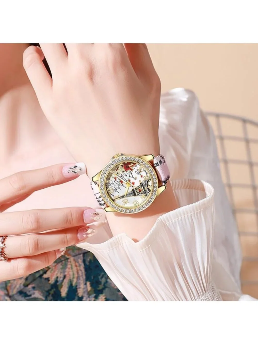 Women's Red Analog Quartz Solid Pu Leather Strap Bling Rhinestone Wrist Watch